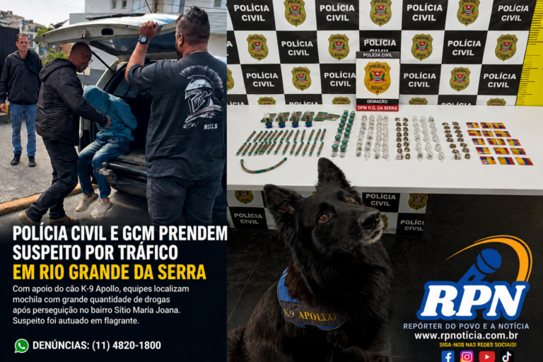 Polícia Civil prende suspeito por tráfico de drogas com apoio do cão K-9 Apollo em Rio Grande da Serra
